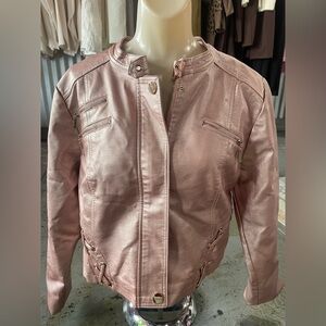 Venus Metallic Rose Gold Vegan/Faux-Leather Lace-Up Zip-Front Moto Biker Jacket